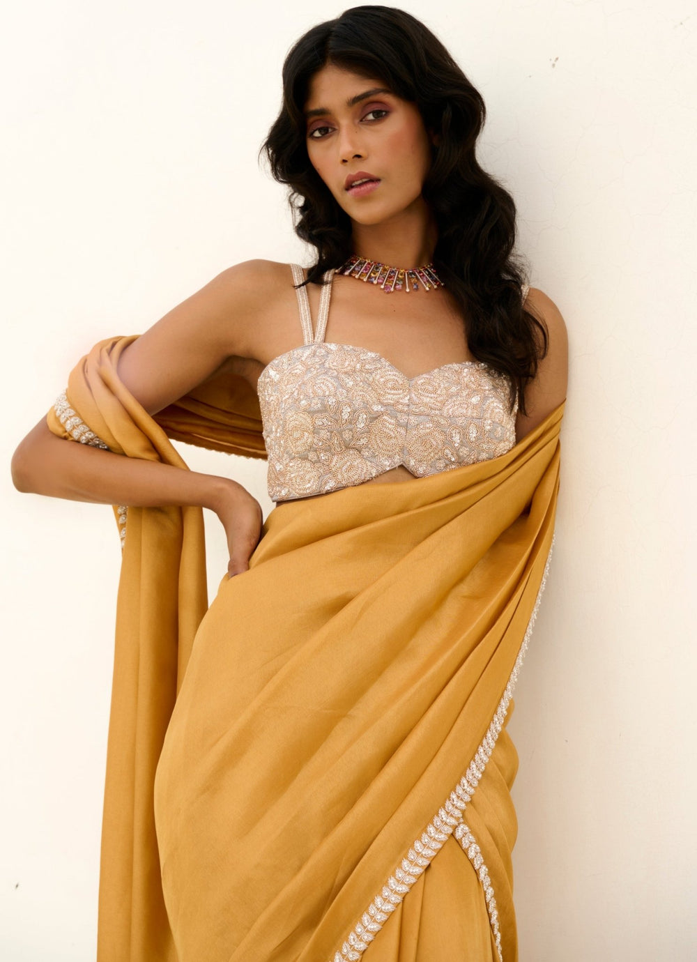Nude Gold Tissue Predraped Saree Set Chamee and Palak - Fabilicious Fashion