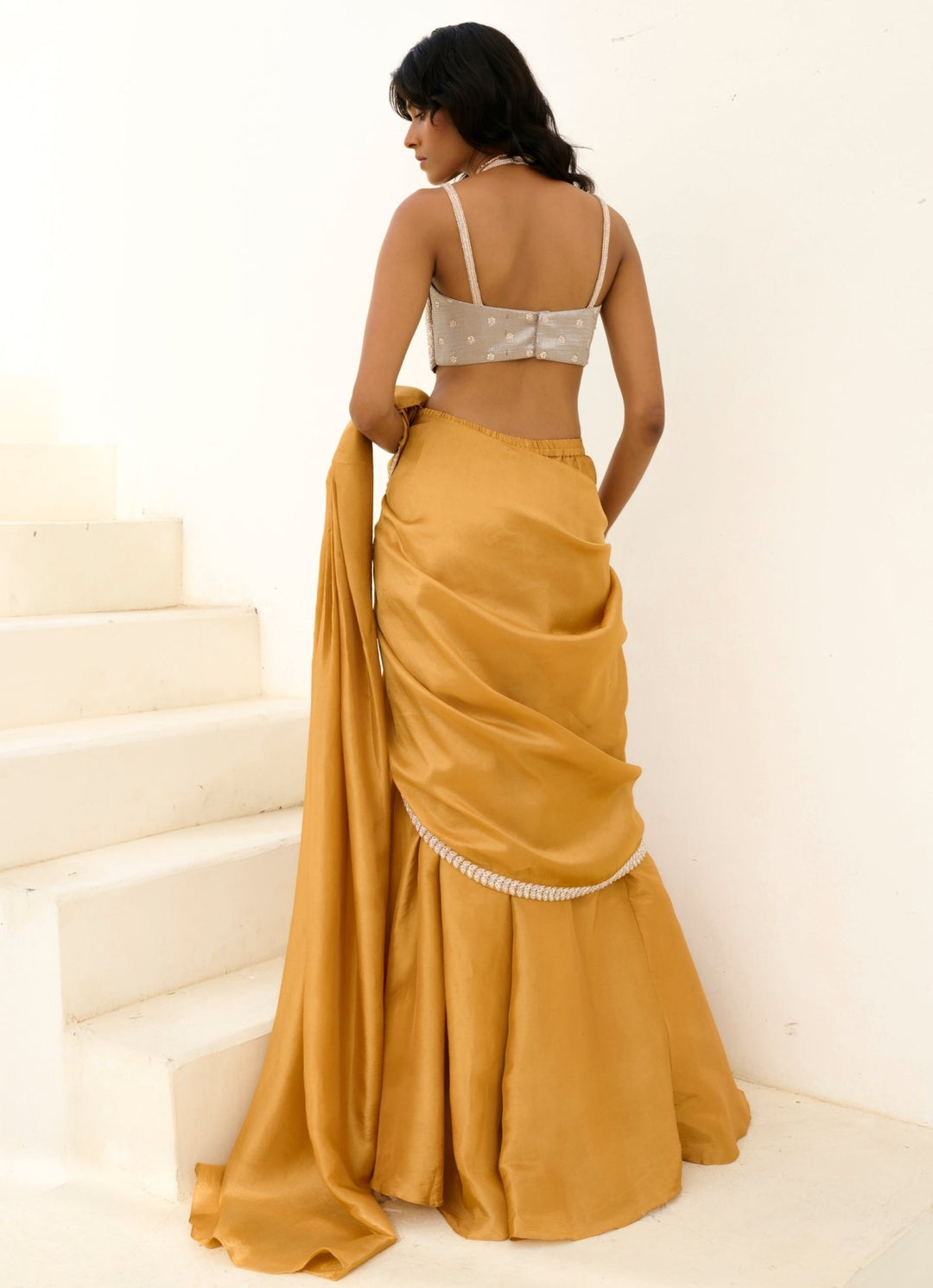 Nude Gold Tissue Predraped Saree Set Chamee and Palak - Fabilicious Fashion
