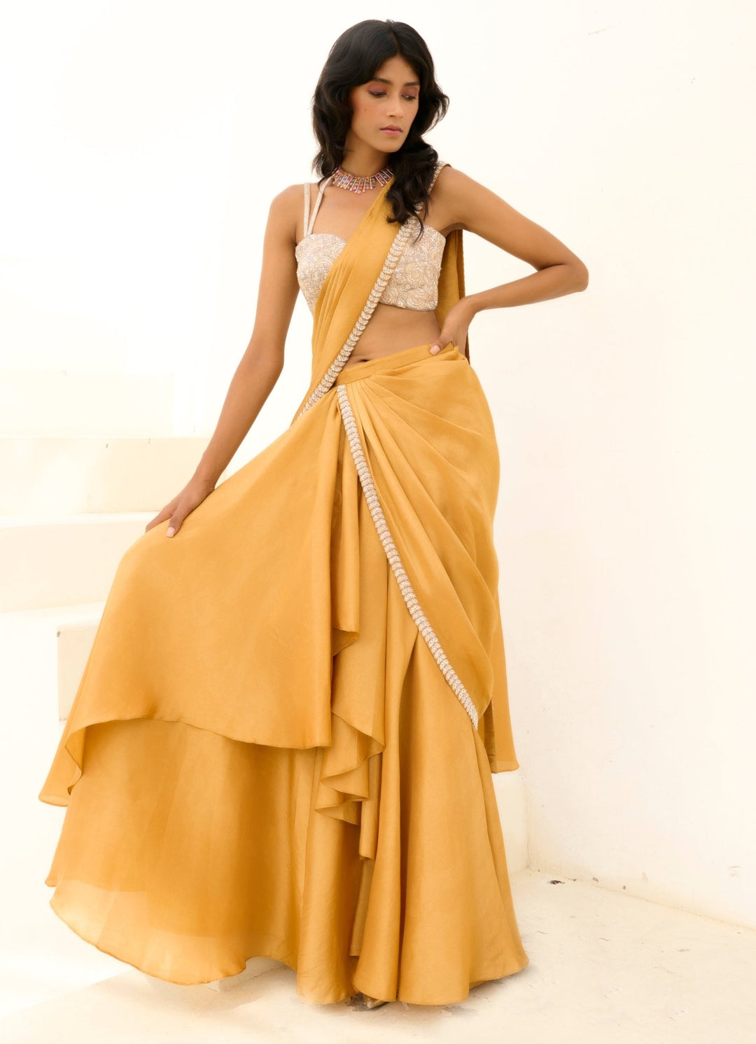 Nude Gold Tissue Predraped Saree Set Chamee and Palak - Fabilicious Fashion