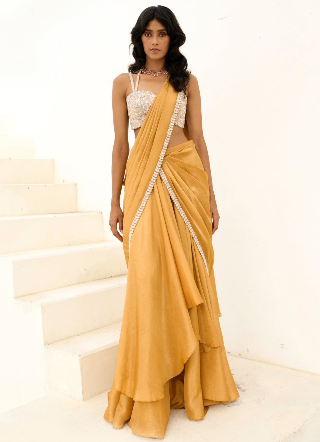 Nude Gold Tissue Predraped Saree Set Chamee and Palak - Fabilicious Fashion