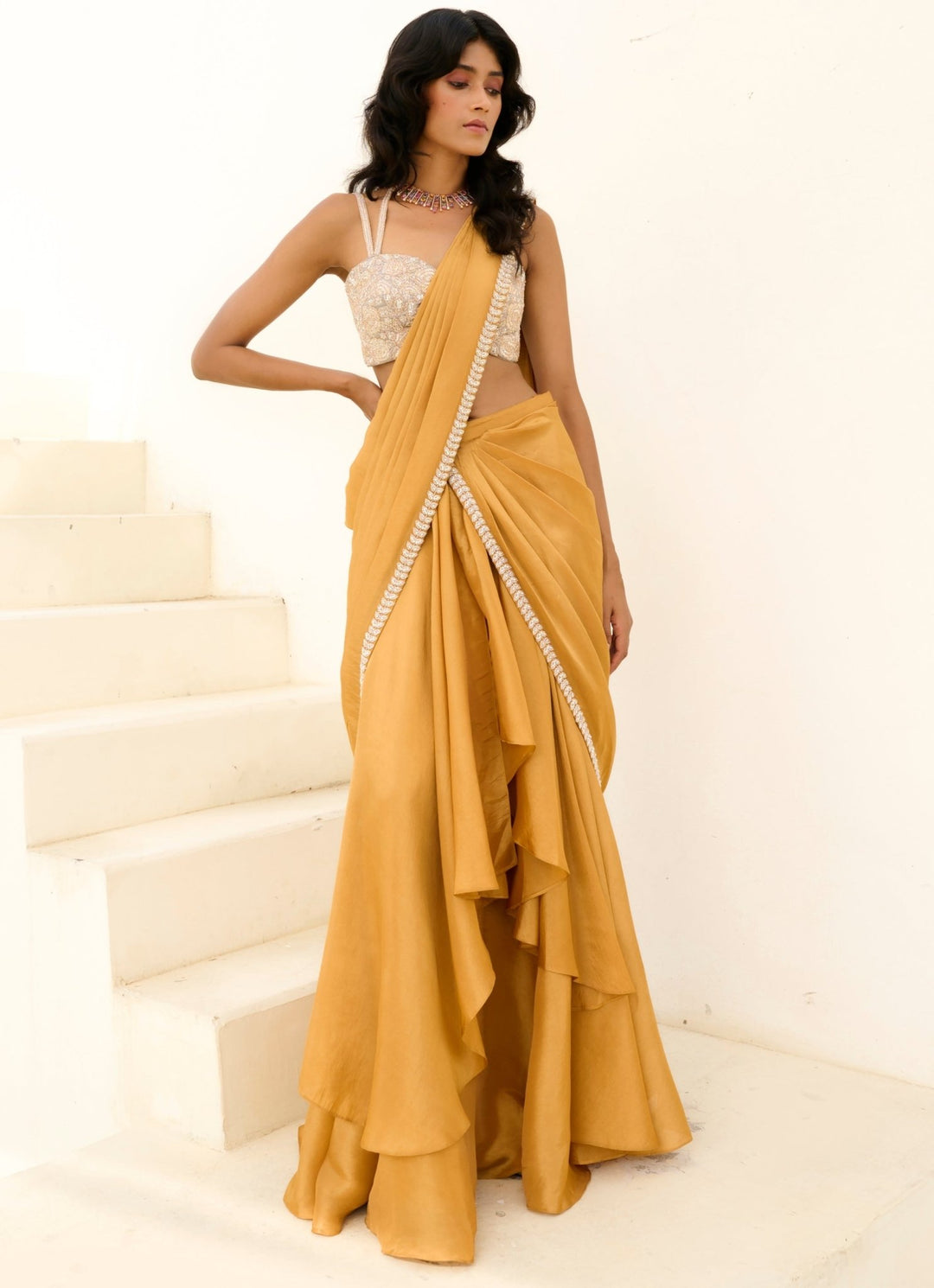 Nude Gold Tissue Predraped Saree Set Chamee and Palak - Fabilicious Fashion