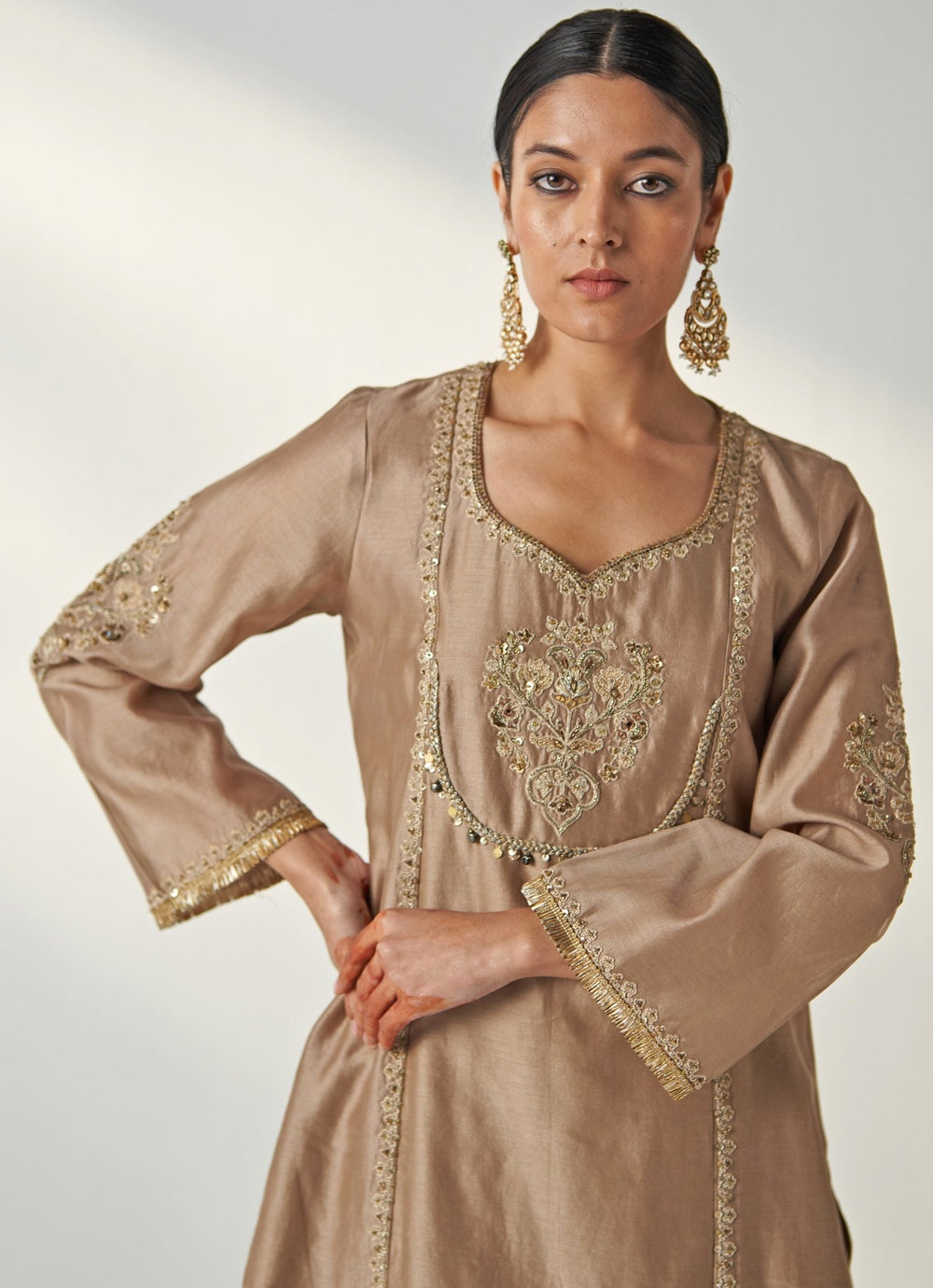 Nude Gold Tulip Embroidered Chanderi Kurta Pants Set Studio Bagechaa - Fabilicious Fashion