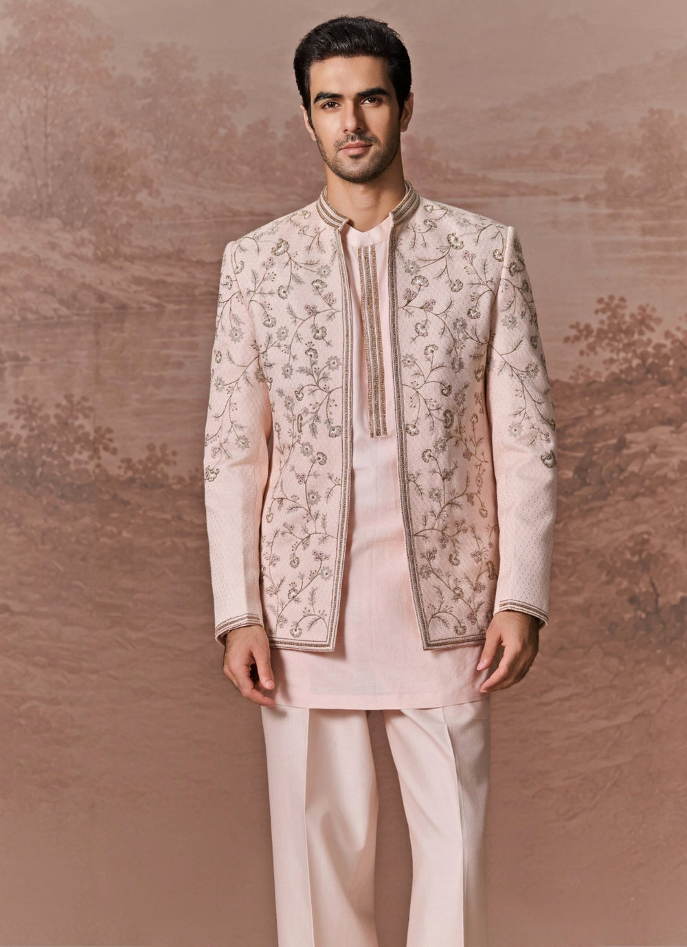 Contrast by Parth Nude Pink Bagalpuri Silk Jacket SetFabilicious Fashion