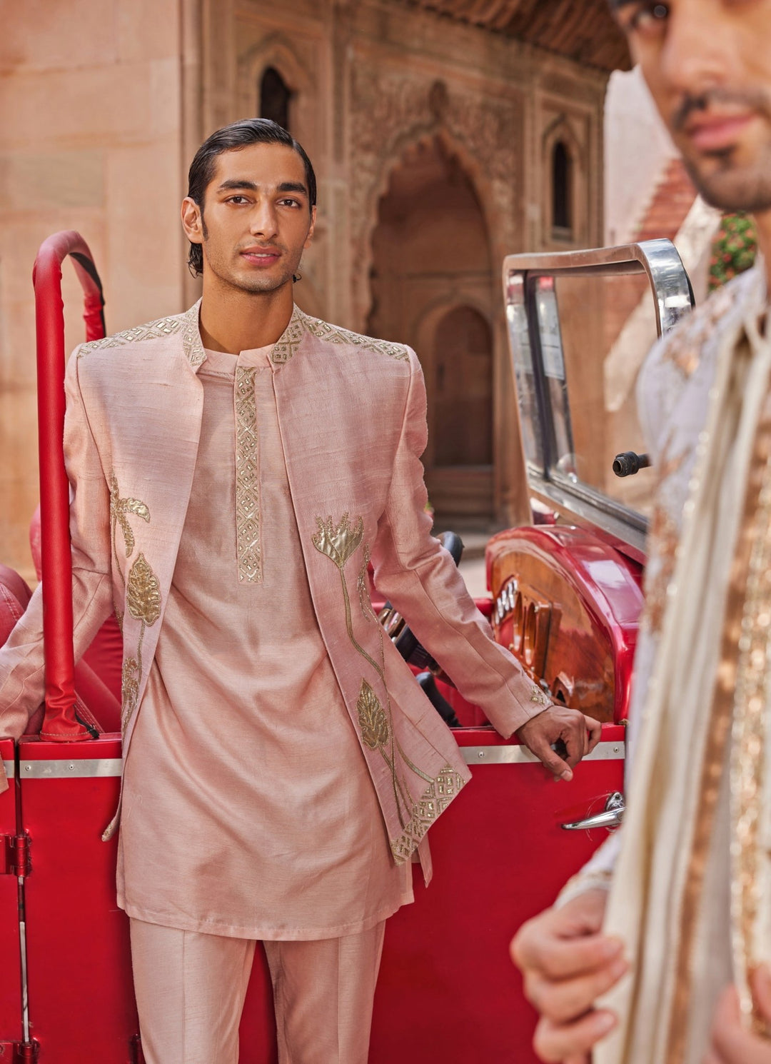 Nude Pink Embroidered Jacket Set Contrast By Parth - Fabilicious Fashion
