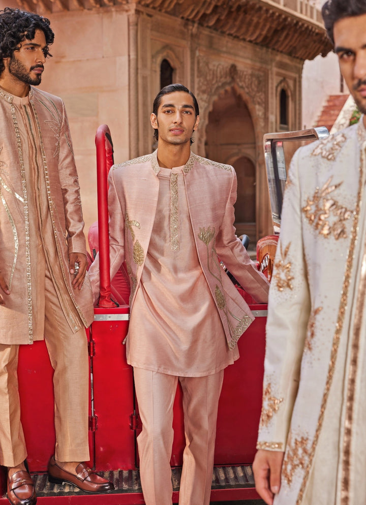 Nude Pink Embroidered Jacket Set Contrast By Parth - Fabilicious Fashion
