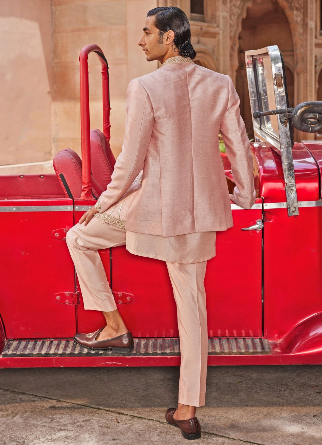 Nude Pink Embroidered Jacket Set Contrast By Parth - Fabilicious Fashion
