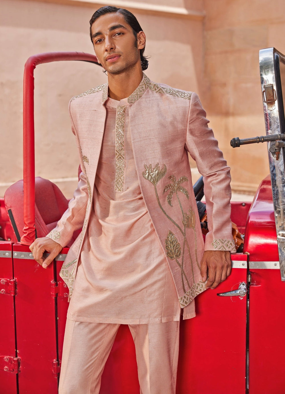 Nude Pink Embroidered Jacket Set Contrast By Parth - Fabilicious Fashion