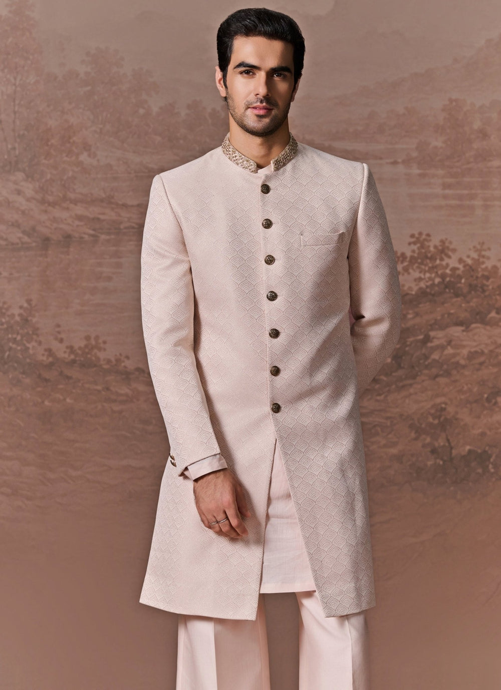 Contrast by Parth Nude Pink Embroidered Jacquard Sherwani SetFabilicious Fashion