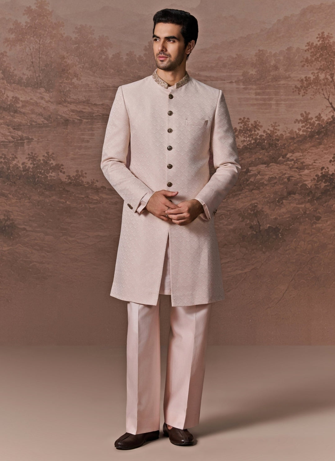 Contrast by Parth Nude Pink Embroidered Jacquard Sherwani SetFabilicious Fashion