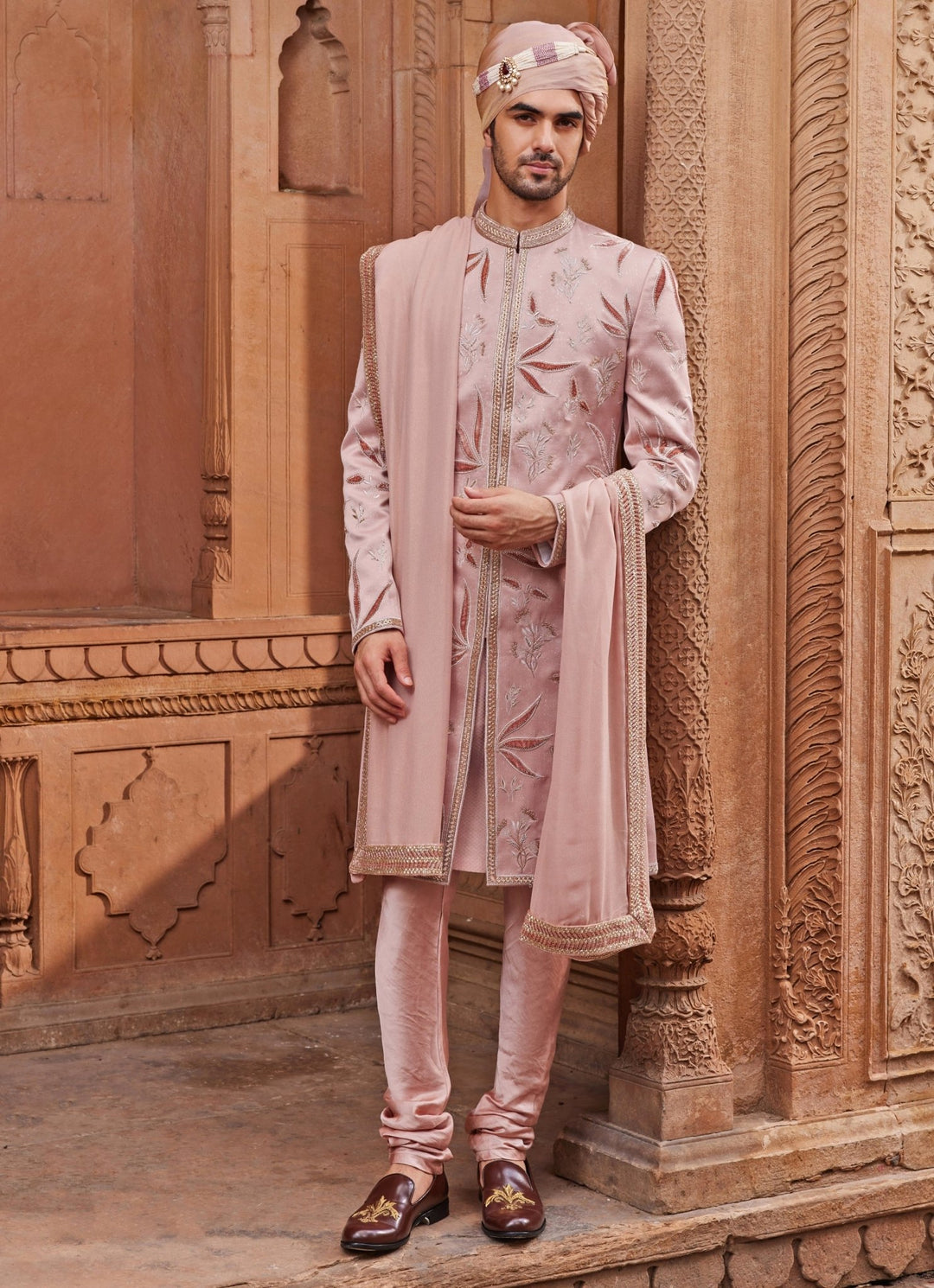 Nude Pink Embroidered Sherwani Set Contrast By Parth - Fabilicious Fashion