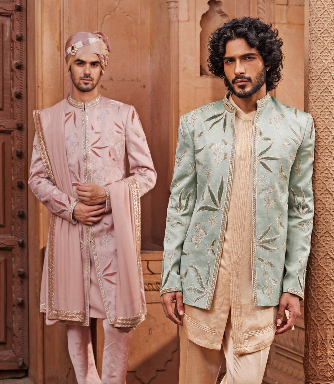 Nude Pink Embroidered Sherwani Set Contrast By Parth - Fabilicious Fashion