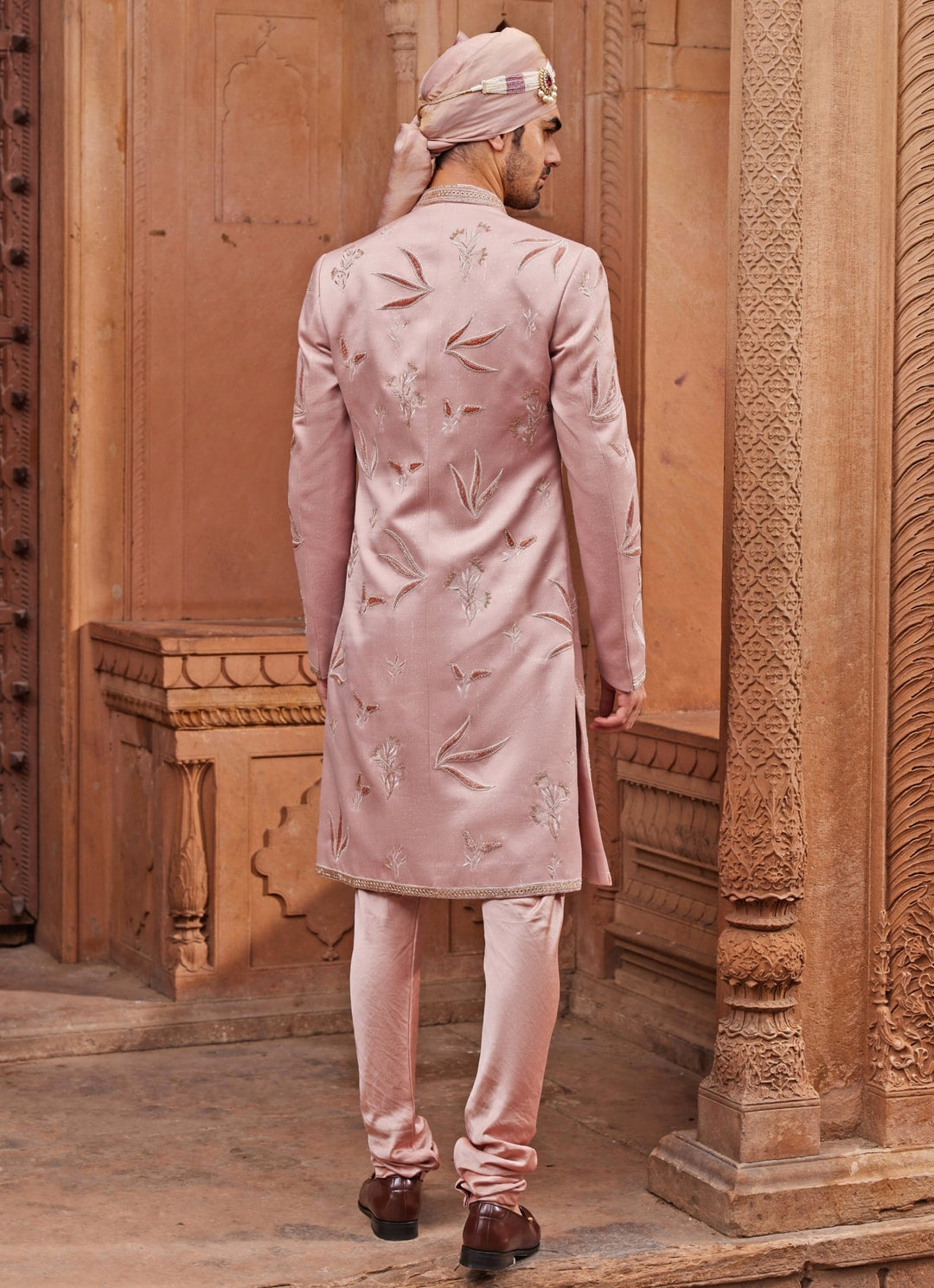 Nude Pink Embroidered Sherwani Set Contrast By Parth - Fabilicious Fashion