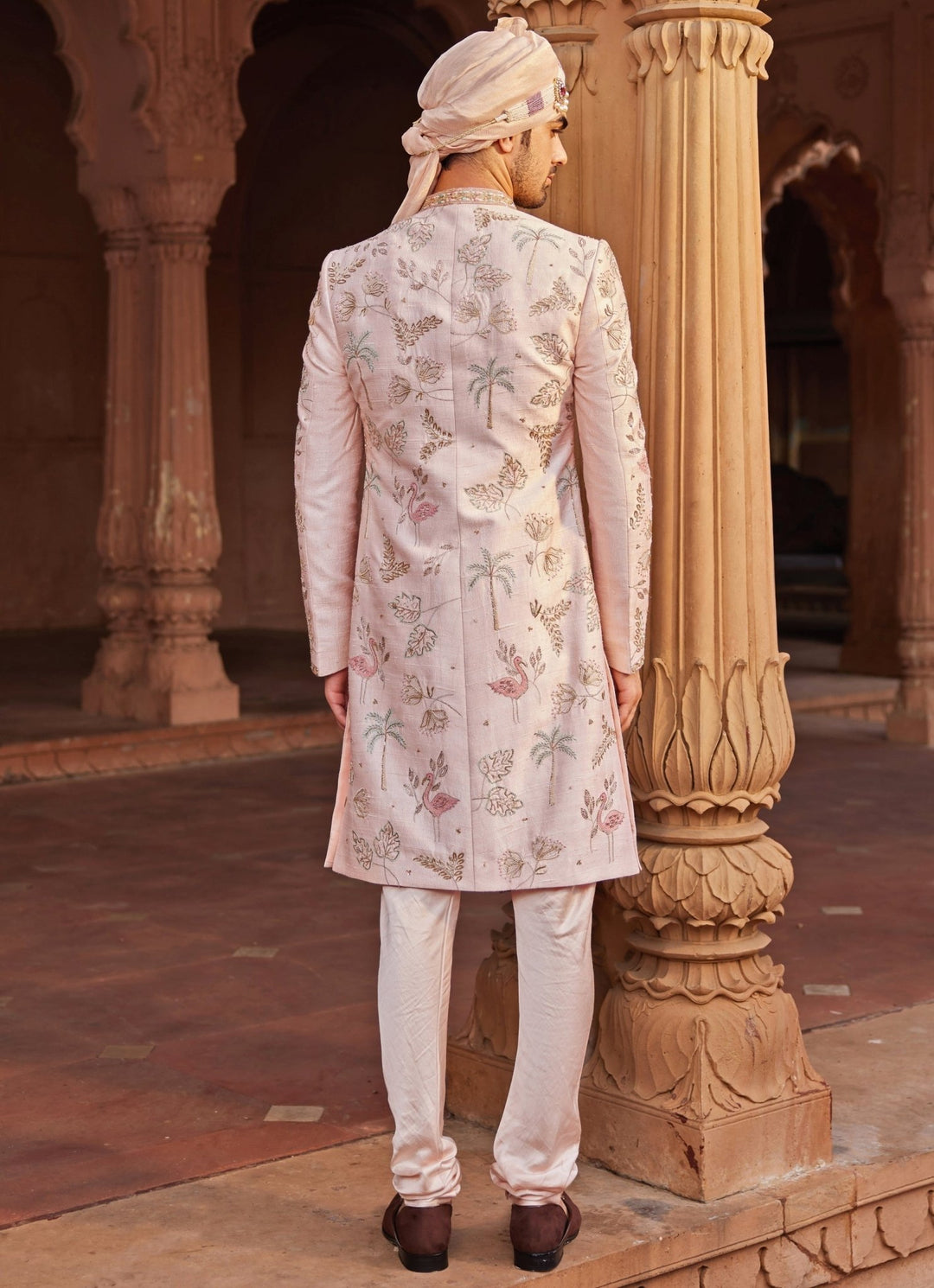Nude Pink Embroidered Sherwani Set Contrast By Parth - Fabilicious Fashion