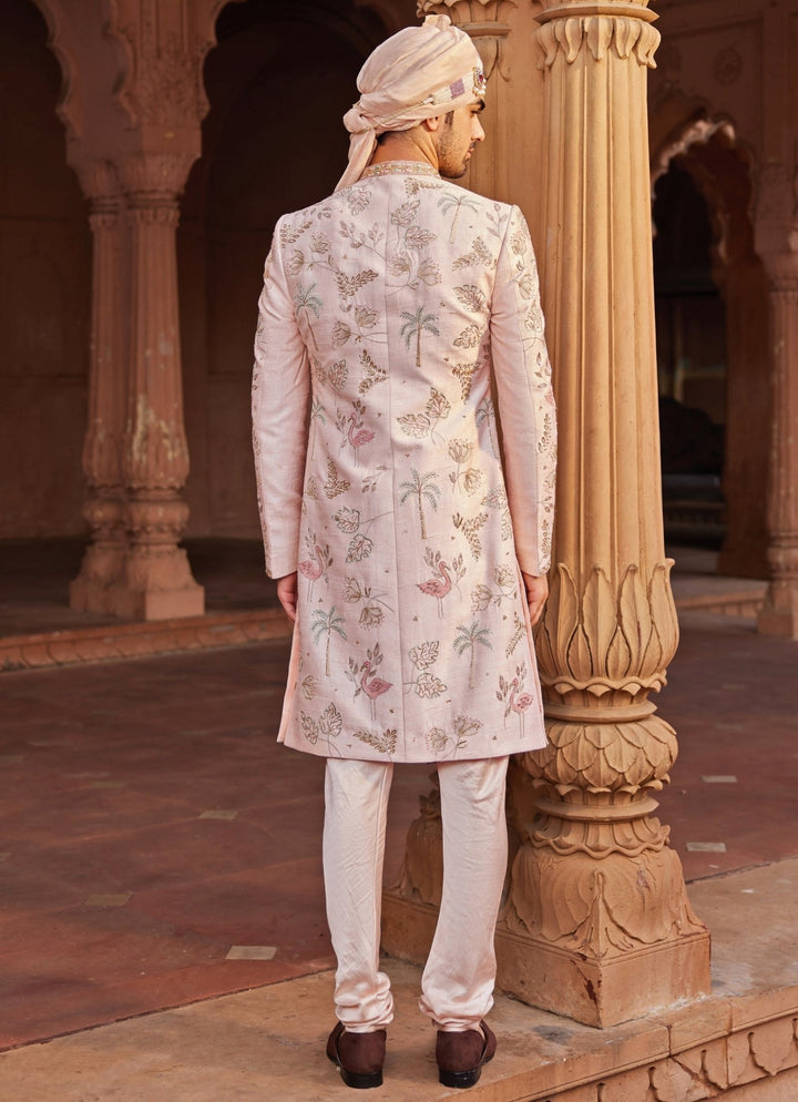 Nude Pink Embroidered Sherwani Set Contrast By Parth - Fabilicious Fashion
