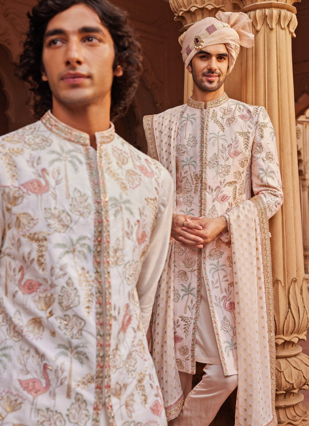 Nude Pink Embroidered Sherwani Set Contrast By Parth - Fabilicious Fashion