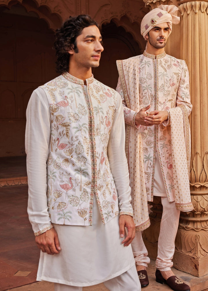 Nude Pink Embroidered Sherwani Set Contrast By Parth - Fabilicious Fashion