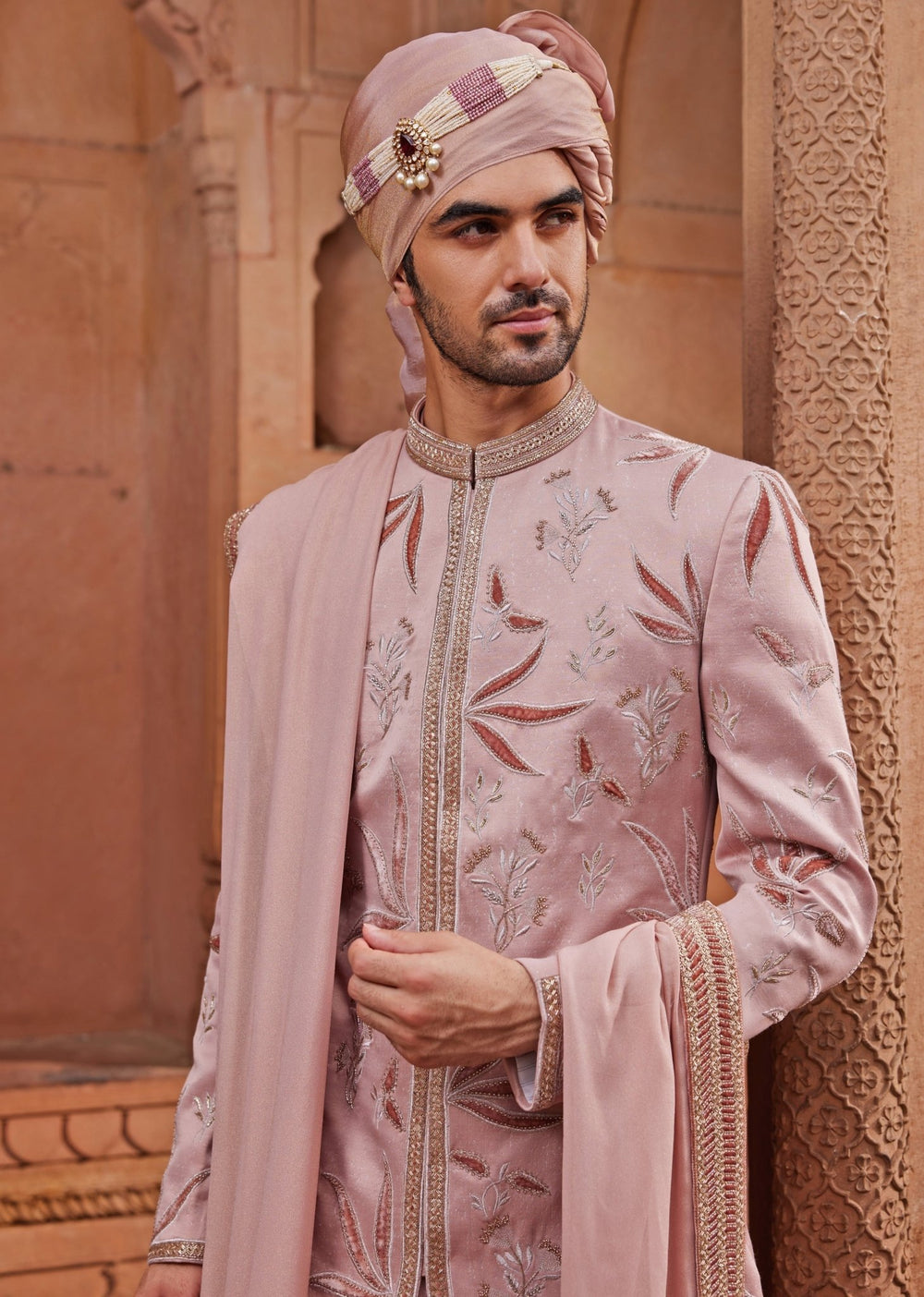Nude Pink Embroidered Sherwani Set Contrast By Parth - Fabilicious Fashion