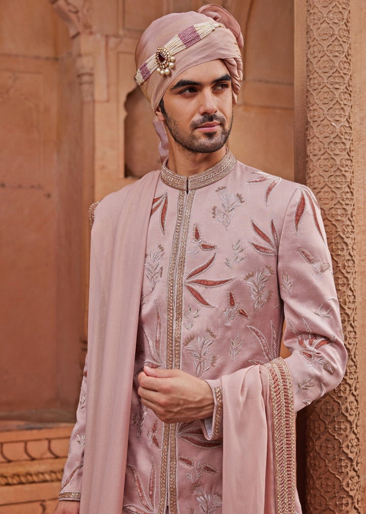 Nude Pink Embroidered Sherwani Set Contrast By Parth - Fabilicious Fashion
