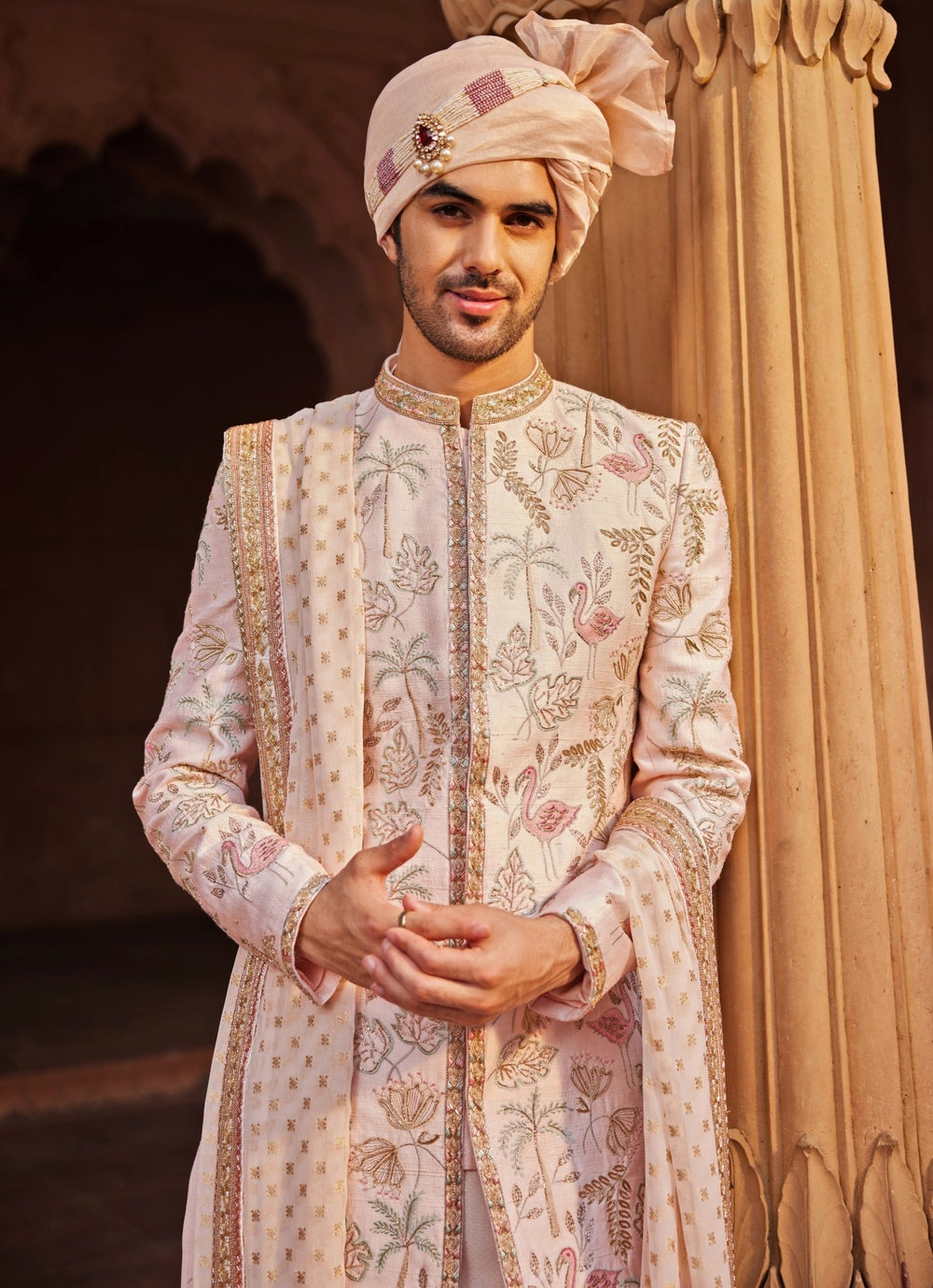 Nude Pink Embroidered Sherwani Set Contrast By Parth - Fabilicious Fashion