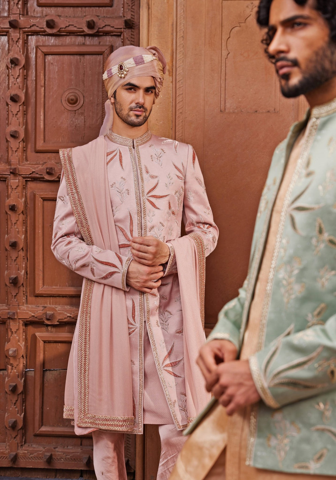Nude Pink Embroidered Sherwani Set Contrast By Parth - Fabilicious Fashion