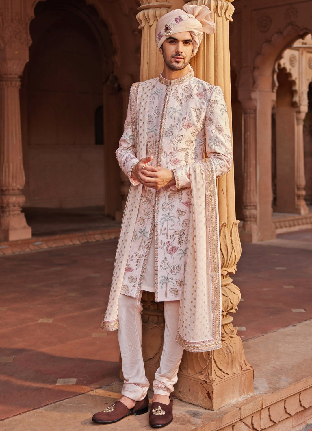 Nude Pink Embroidered Sherwani Set Contrast By Parth - Fabilicious Fashion