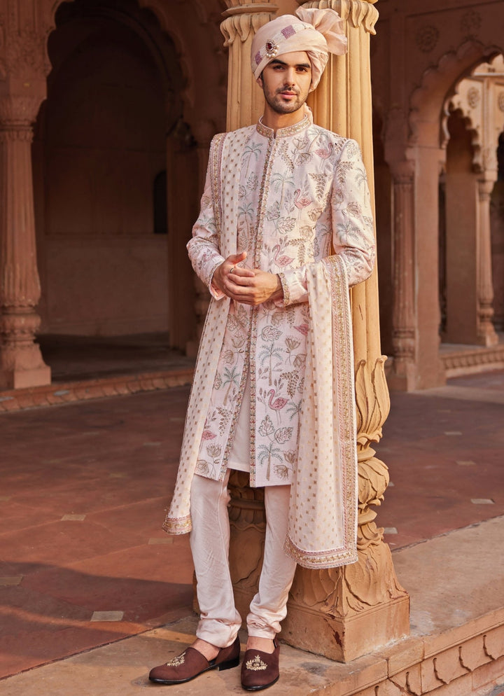 Nude Pink Embroidered Sherwani Set Contrast By Parth - Fabilicious Fashion