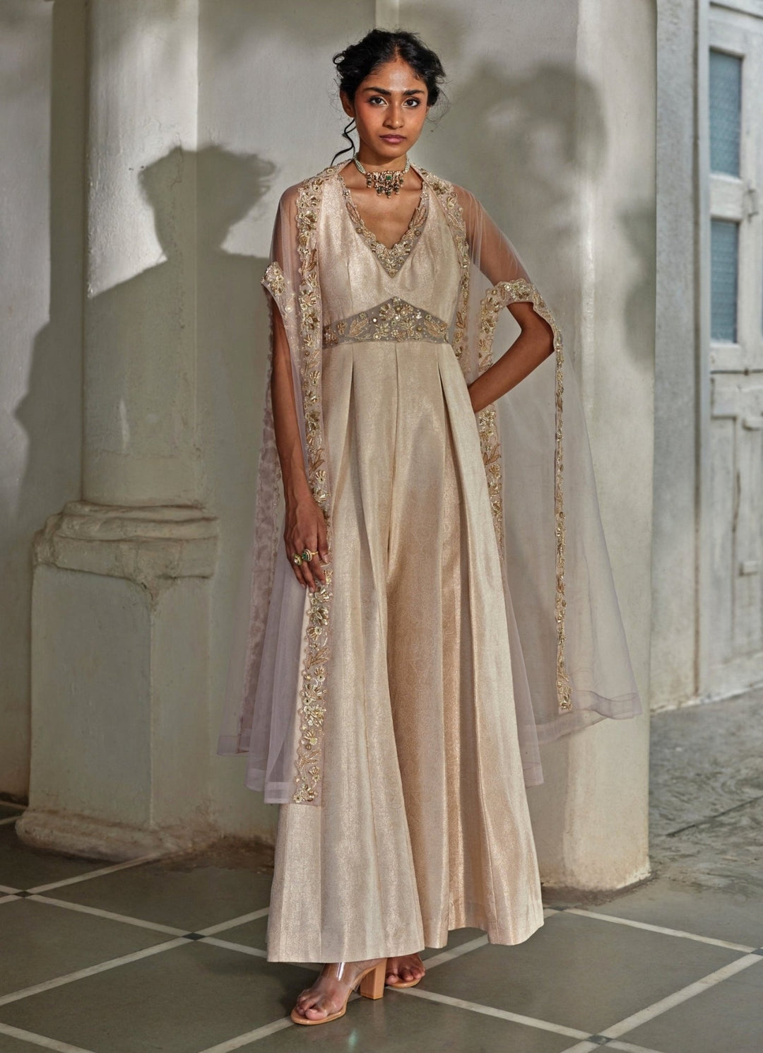 Nude Pink Jamavar Jacquard Jumpsuit Paulmi and Harsh - Fabilicious Fashion