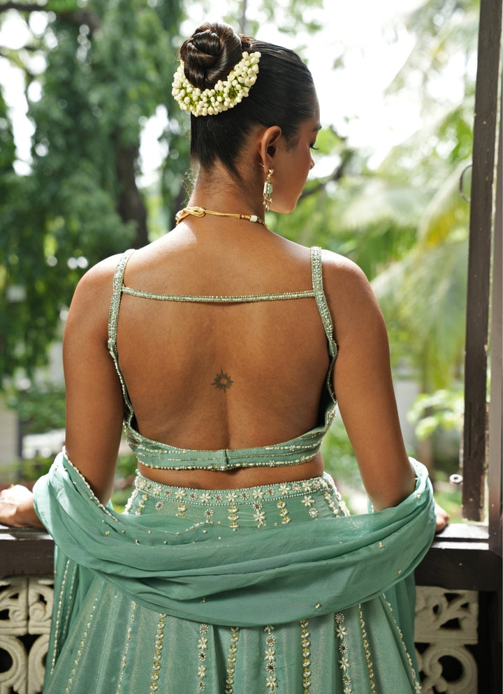 Ocean Blue Embroidered Zari Silk Lehenga Set Enamour by Radha - Fabilicious Fashion