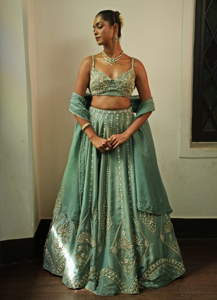 Ocean Blue Embroidered Zari Silk Lehenga Set Enamour by Radha - Fabilicious Fashion