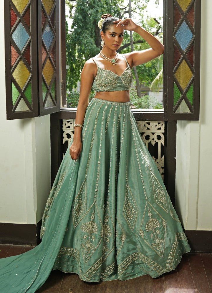 Ocean Blue Embroidered Zari Silk Lehenga Set Enamour by Radha - Fabilicious Fashion