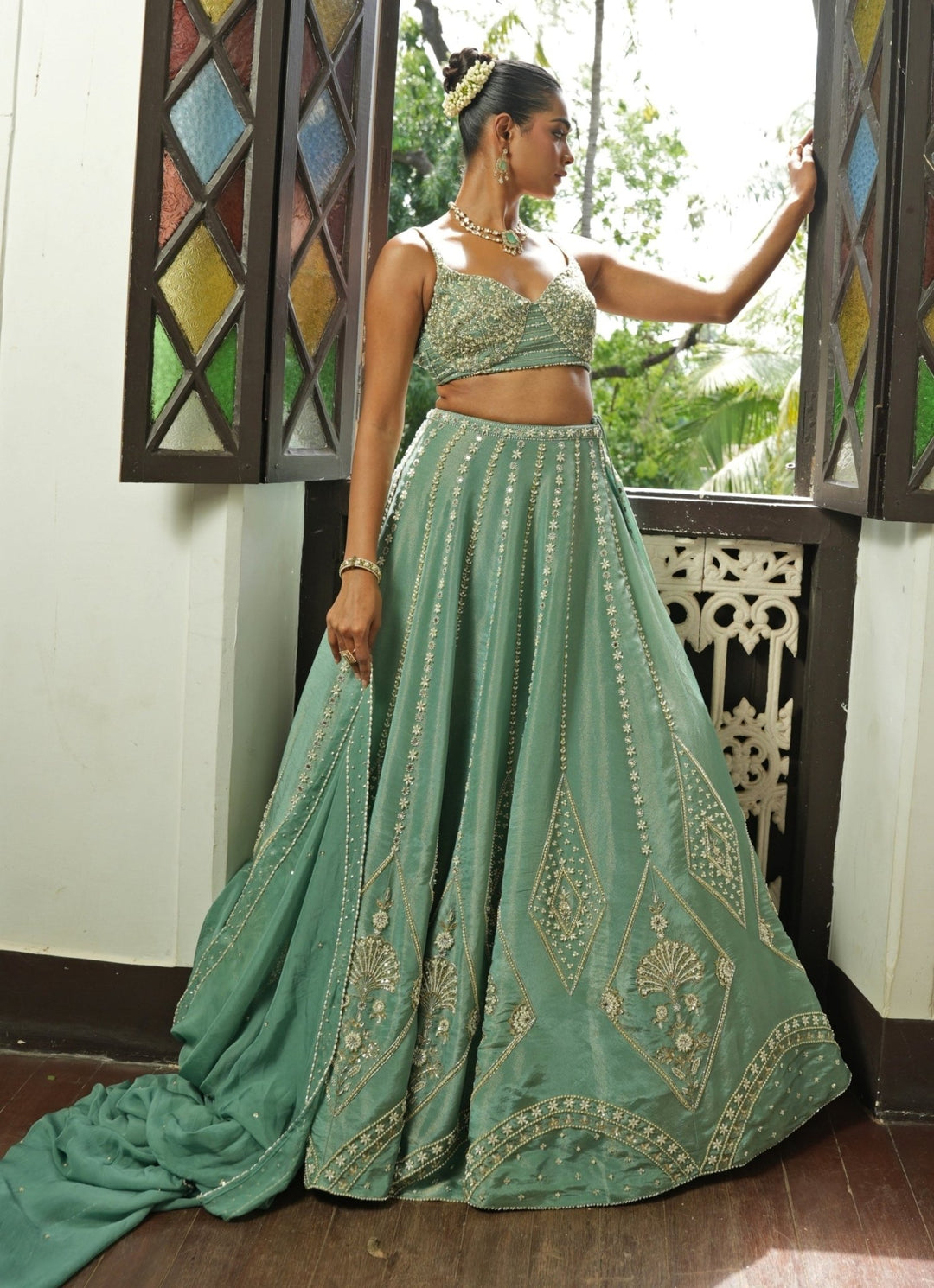Ocean Blue Embroidered Zari Silk Lehenga Set Enamour by Radha - Fabilicious Fashion