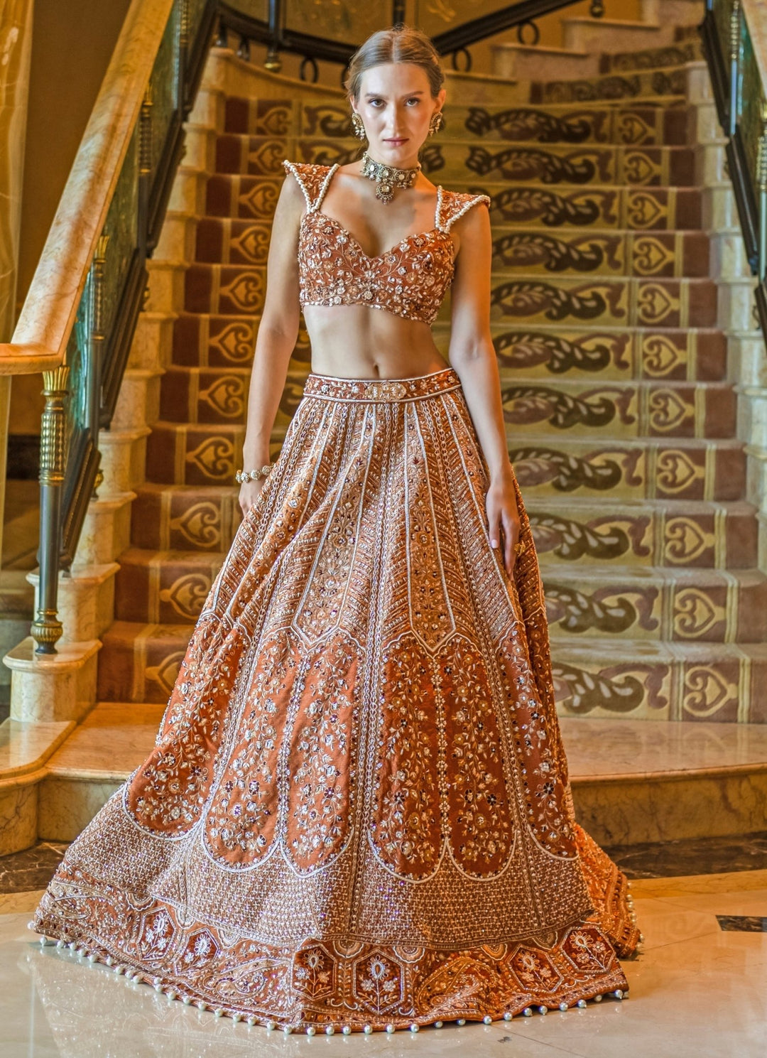 Ochre Rust Embroidered Bridal Lehenga Jigar and Nikita - Fabilicious Fashion