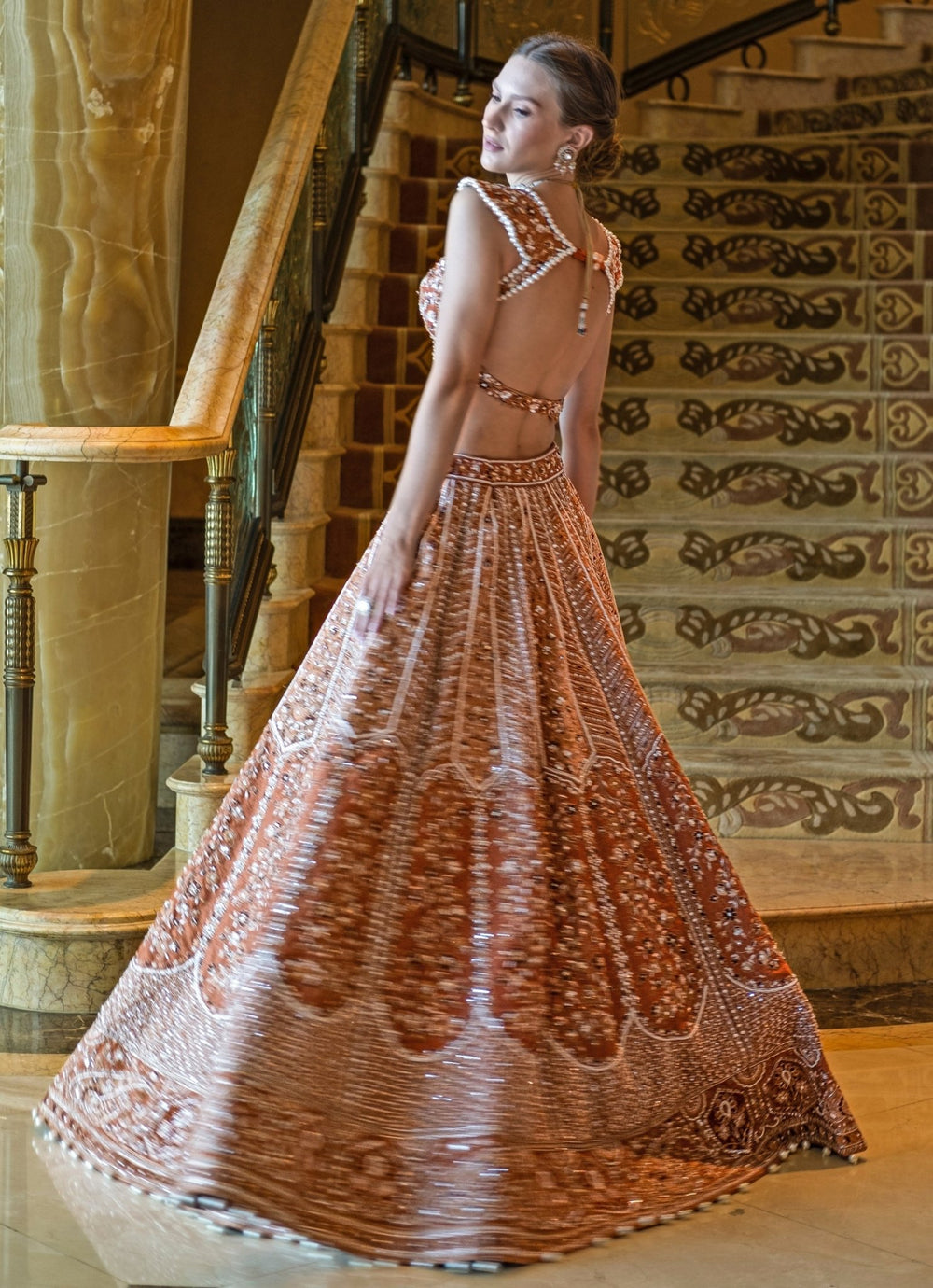 Ochre Rust Embroidered Bridal Lehenga Jigar and Nikita - Fabilicious Fashion