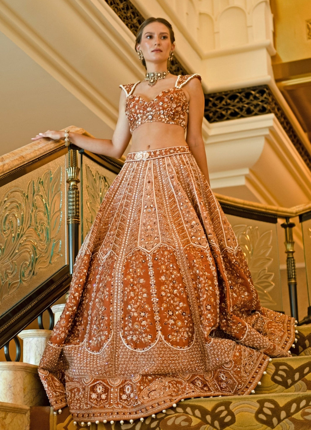 Ochre Rust Embroidered Bridal Lehenga Jigar and Nikita - Fabilicious Fashion