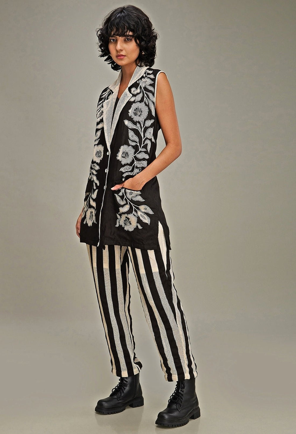 Off White And Black Applique And Floral Embroidery Blazer And Pant Set Soup By Sougat Paul - Fabilicious Fashion