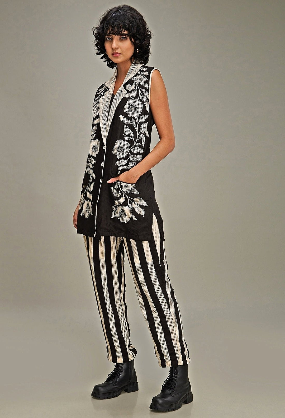 Off White And Black Applique And Floral Embroidery Blazer And Pant Set Soup By Sougat Paul - Fabilicious Fashion