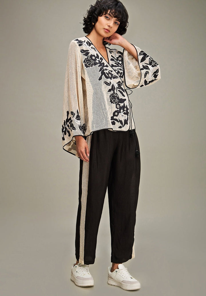 Off White And Black Applique Angrakha Top And Pant Set Soup By Sougat Paul - Fabilicious Fashion