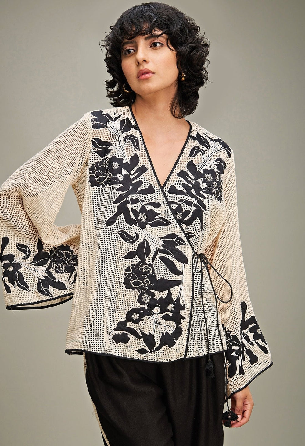 Off White And Black Applique Angrakha Top And Pant Set Soup By Sougat Paul - Fabilicious Fashion