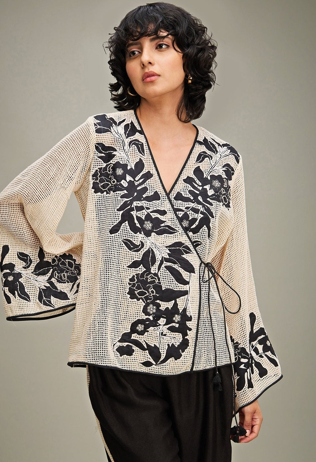 Off White And Black Applique Angrakha Top And Pant Set Soup By Sougat Paul - Fabilicious Fashion