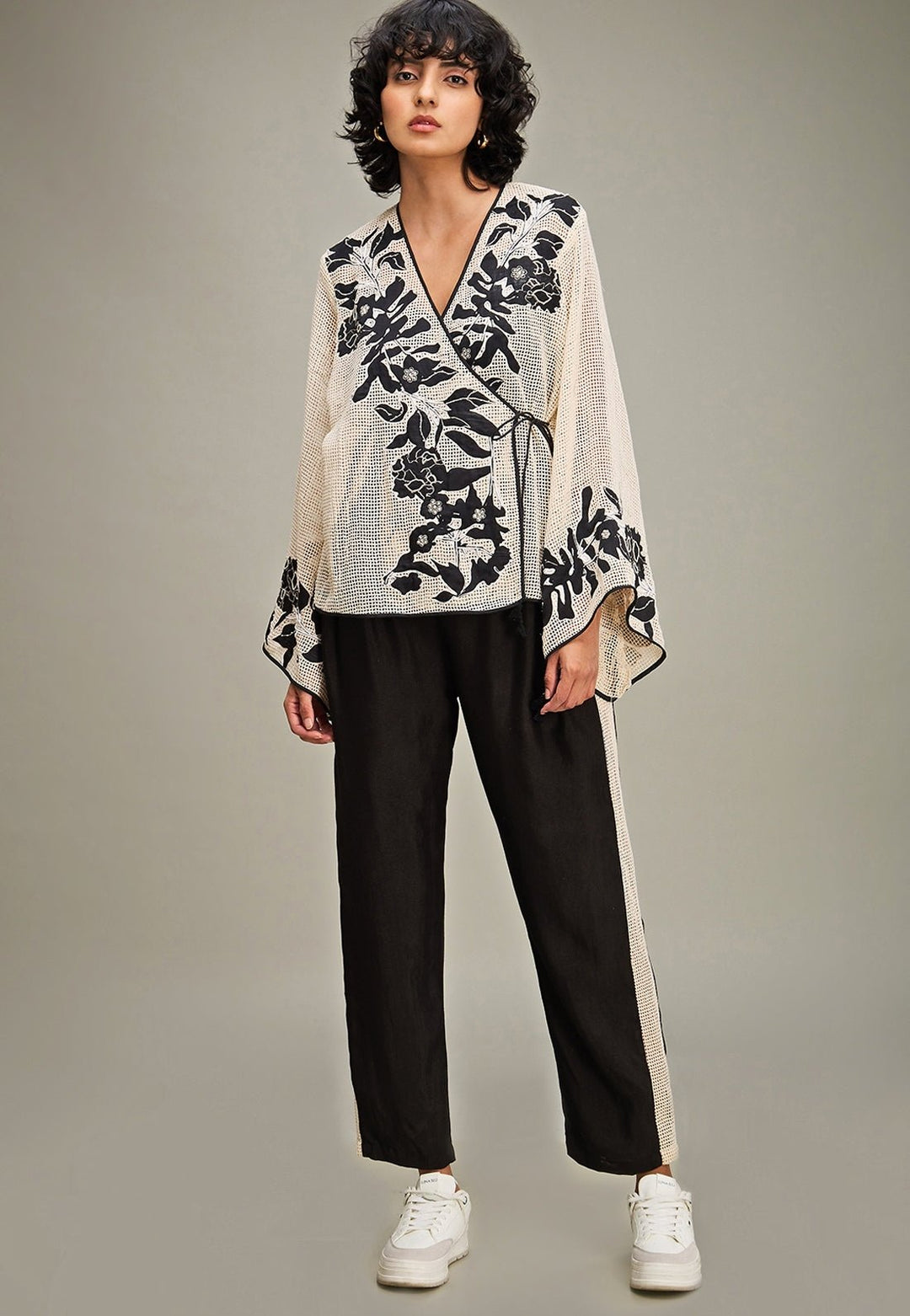 Off White And Black Applique Angrakha Top And Pant Set Soup By Sougat Paul - Fabilicious Fashion