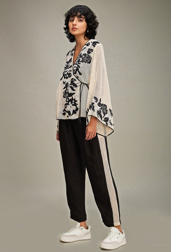 Off White And Black Applique Angrakha Top And Pant Set Soup By Sougat Paul - Fabilicious Fashion