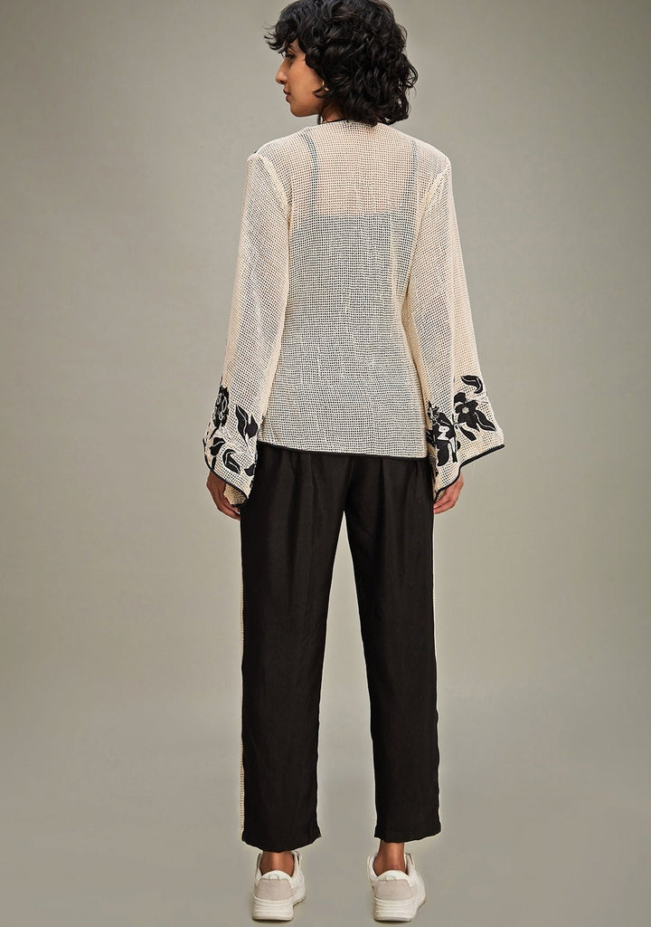 Off White And Black Applique Angrakha Top And Pant Set Soup By Sougat Paul - Fabilicious Fashion