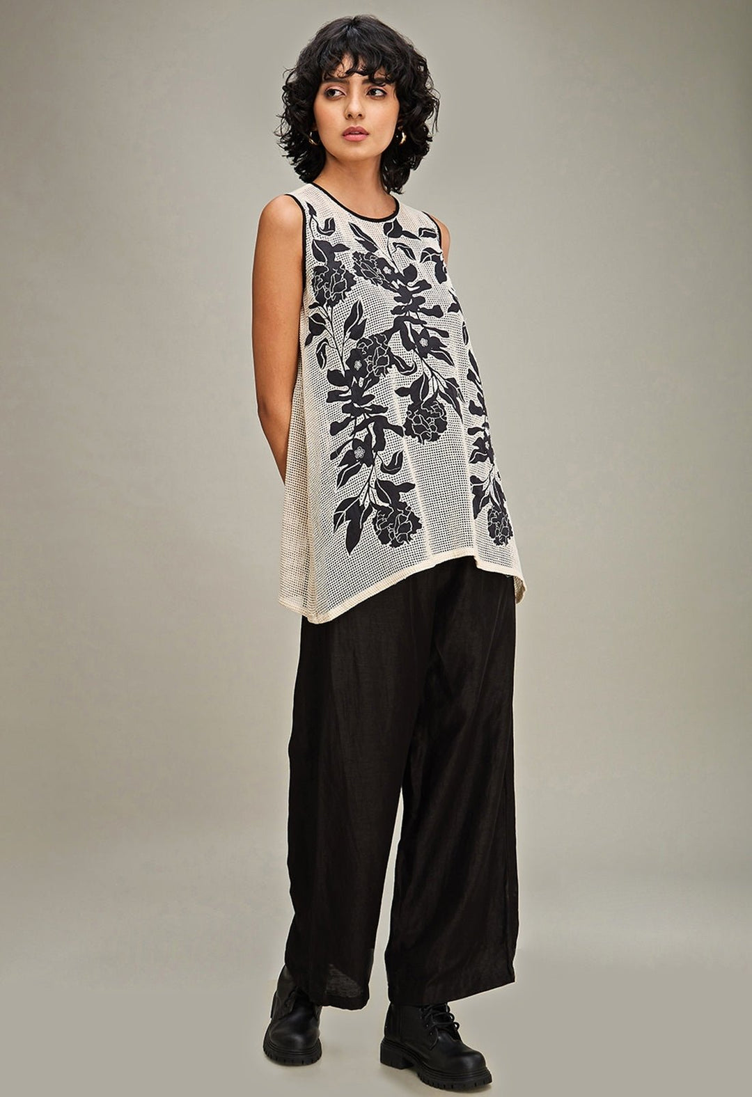 Off White And Black Applique Top And Pant Set Soup By Sougat Paul - Fabilicious Fashion