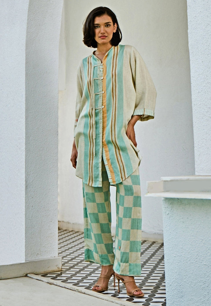 Off White And Blue Linen Kurta Pants Set Basil Leaf - Fabilicious Fashion