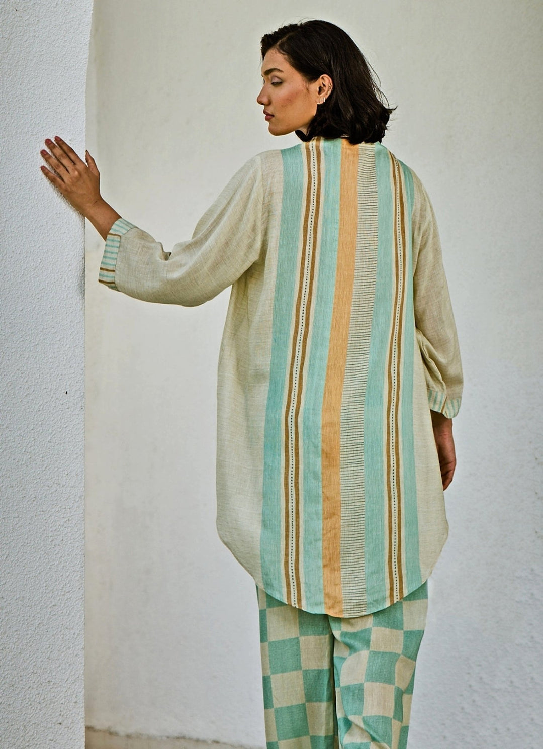 Off White And Blue Linen Kurta Pants Set Basil Leaf - Fabilicious Fashion