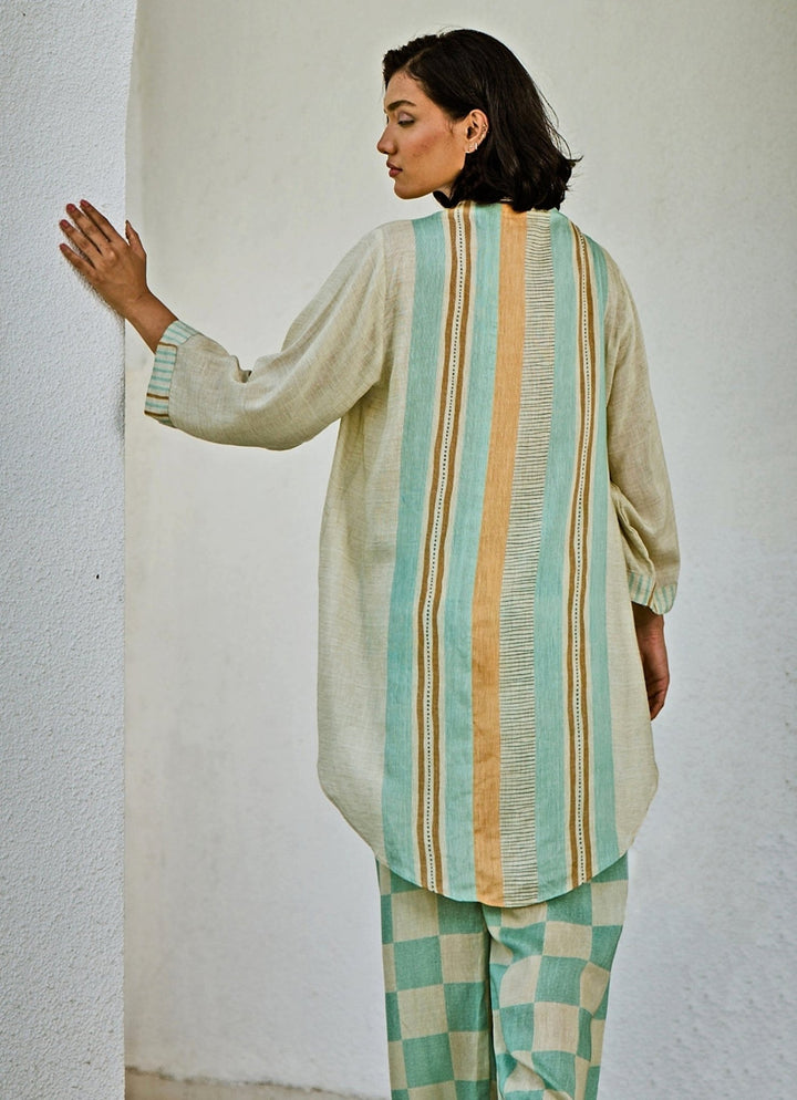 Off White And Blue Linen Kurta Pants Set Basil Leaf - Fabilicious Fashion