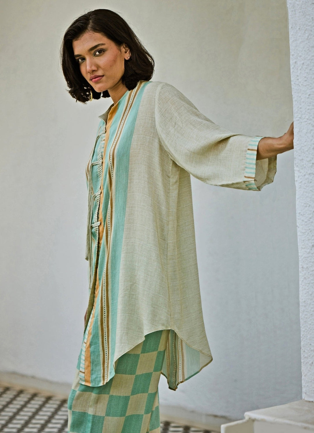 Off White And Blue Linen Kurta Pants Set Basil Leaf - Fabilicious Fashion