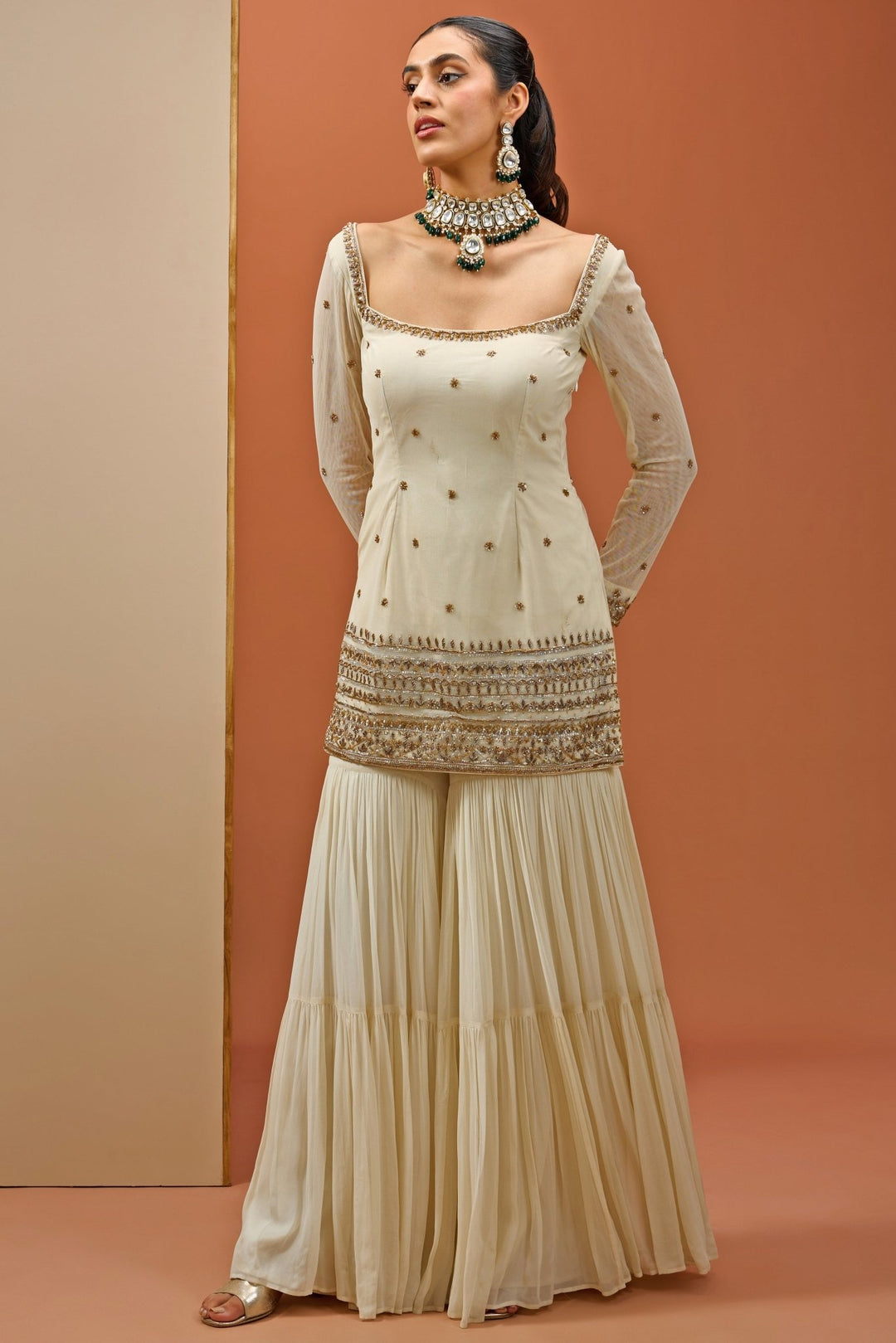 Off - White And Gold Embellished Kurta Sharara Set Esha Koul - Fabilicious Fashion