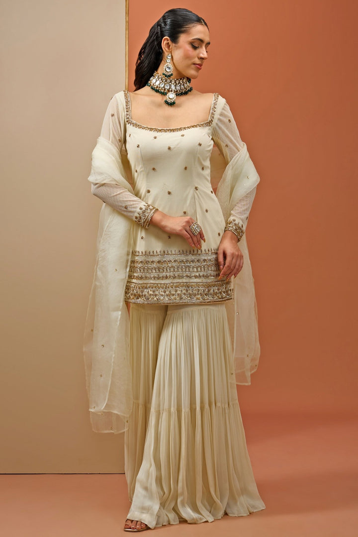 Off - White And Gold Embellished Kurta Sharara Set Esha Koul - Fabilicious Fashion