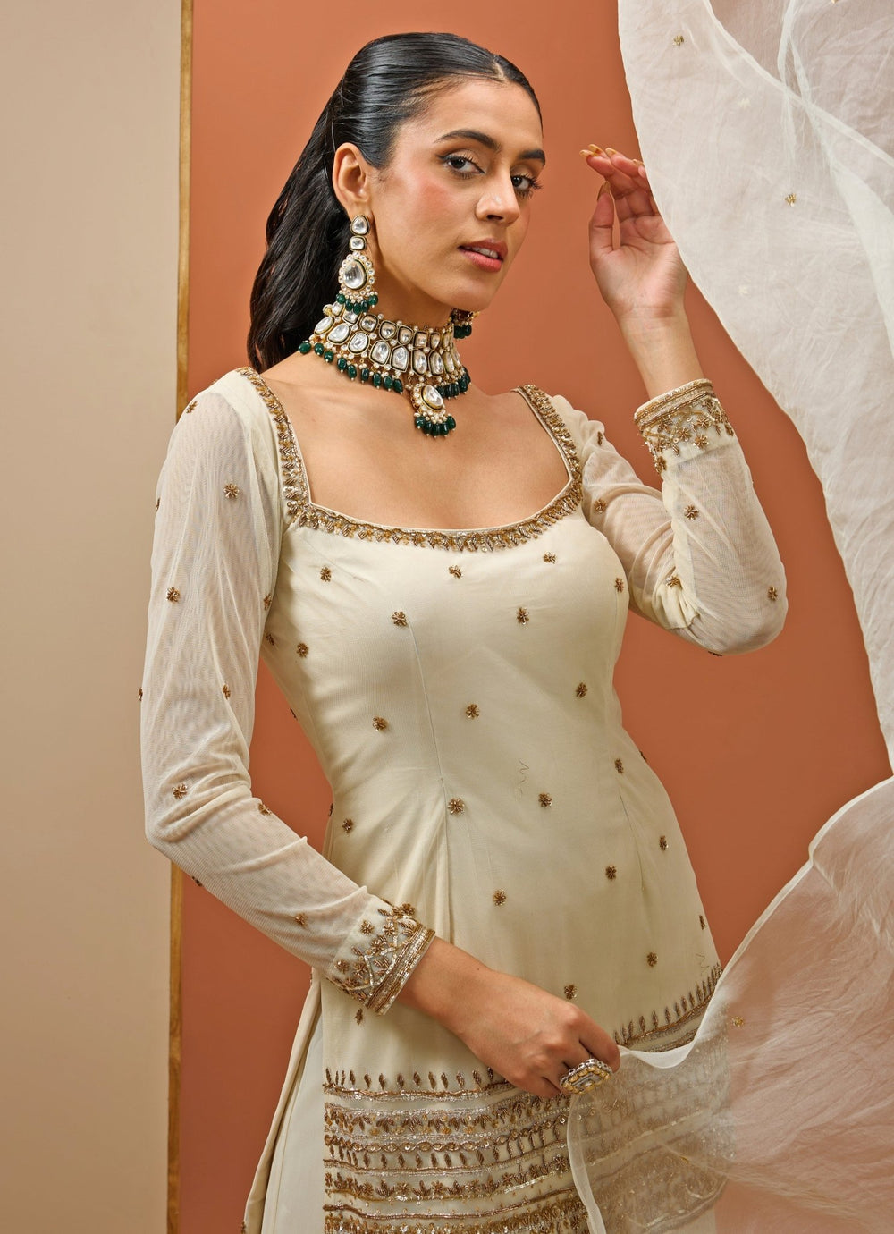 Off - White And Gold Embellished Kurta Sharara Set Esha Koul - Fabilicious Fashion